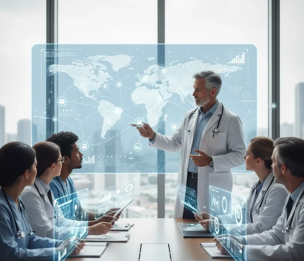 A male doctor in a white coat is presenting in a conference room, pointing to a large holographic world map overlaid with data