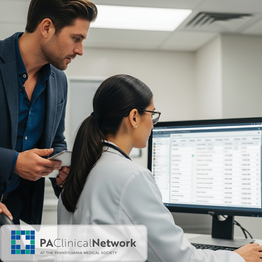 Doctors review medical records in a doctors office